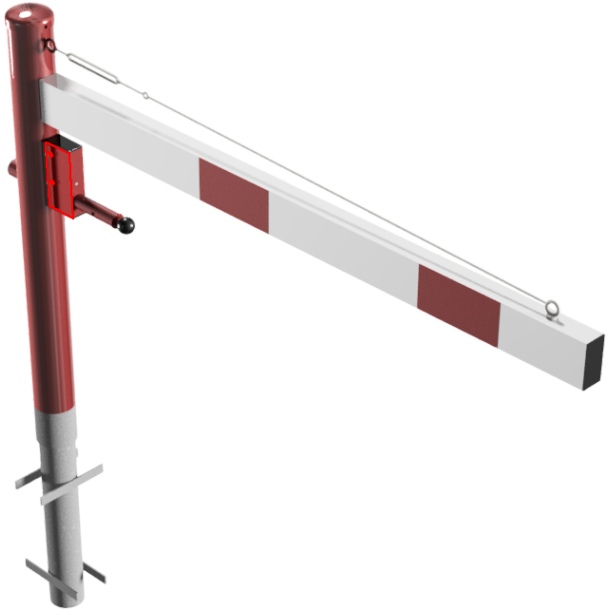 Swing barrier | with pull rope reinforcement | for casting in concrete, hot-dip galvanized and white coated with red reflecting stripes | Barrier arm length: 1500 mm | with Euro profile cylinder lock
